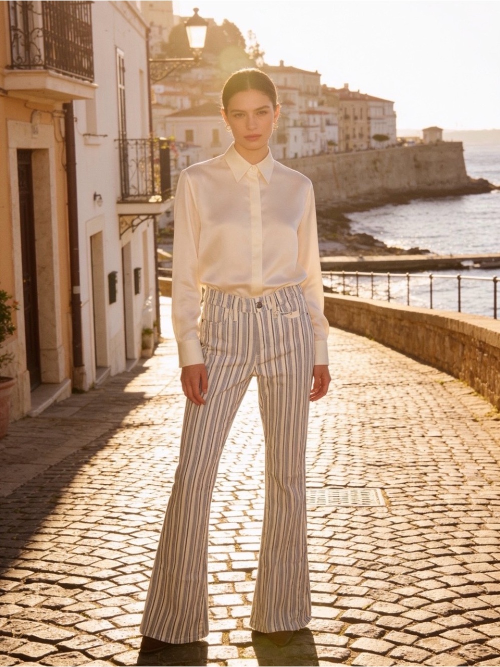 Frame Denim Striped Flare Pants — Cream & Blue